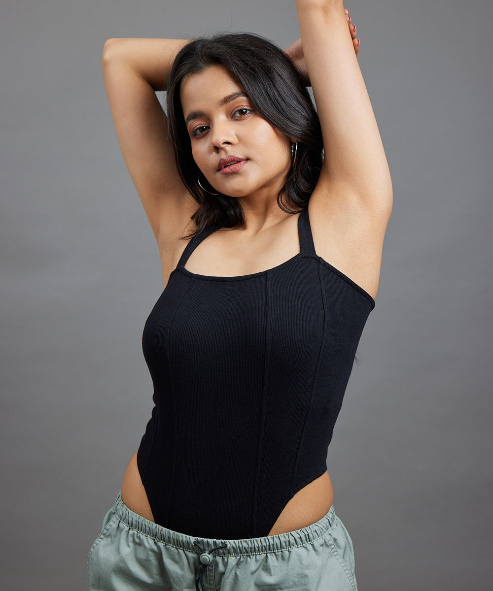 Ribbed Square Neck Thong Body Suit -Black