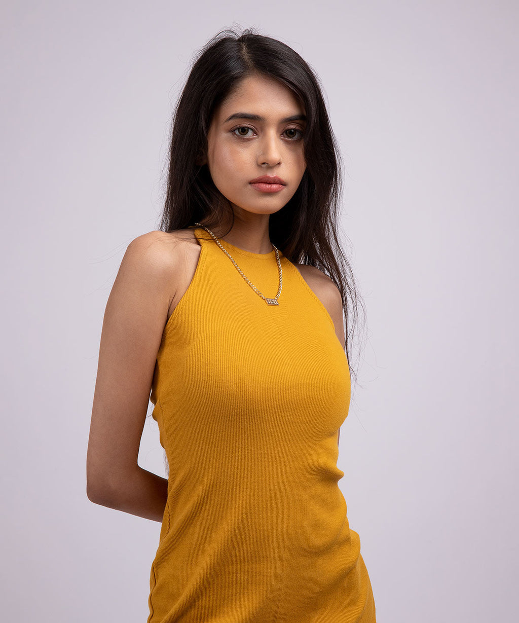 Ribbed Tie Detail Backless Bodycon Dress - Mustard