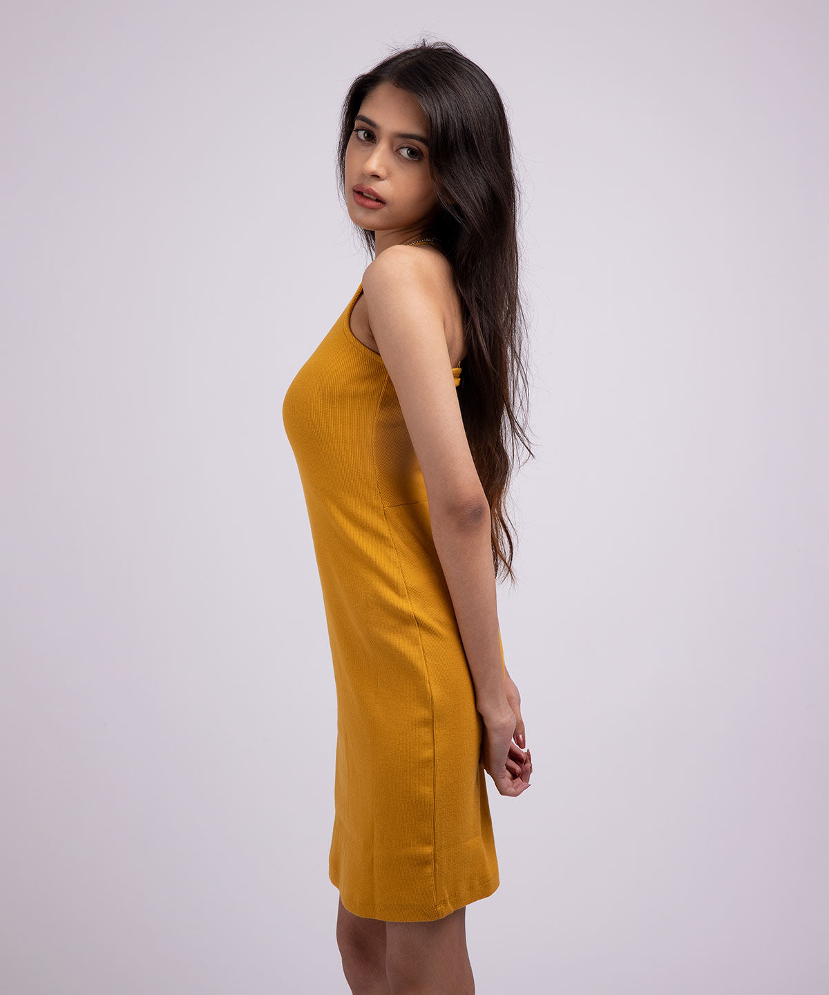 Ribbed Tie Detail Backless Bodycon Dress - Mustard