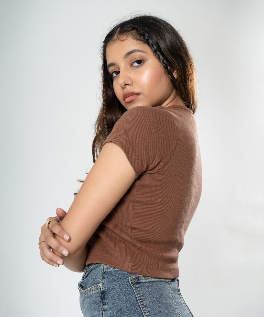 Ribbed Button Top V-Neck - Brown