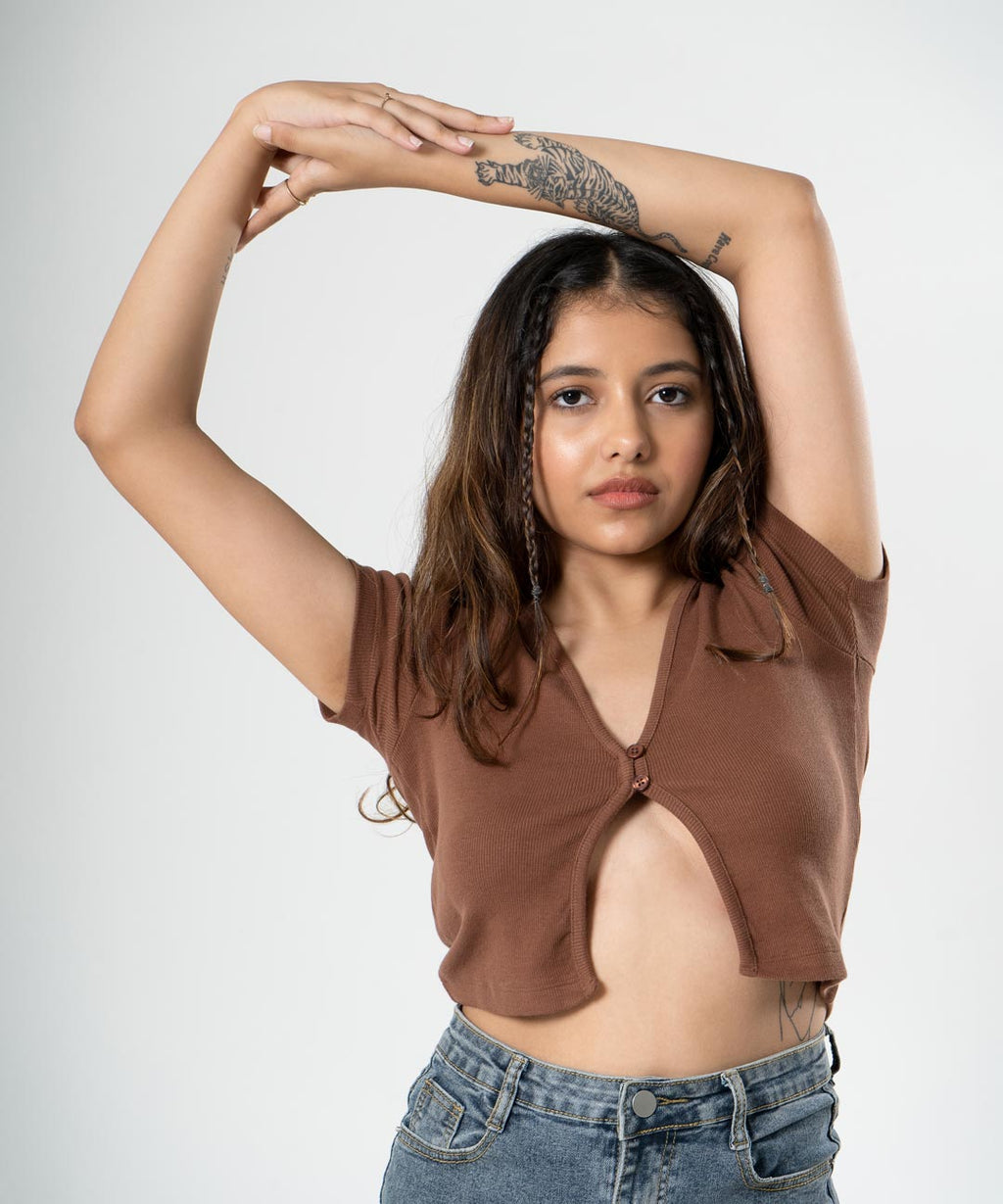 Ribbed Button Top V-Neck - Brown