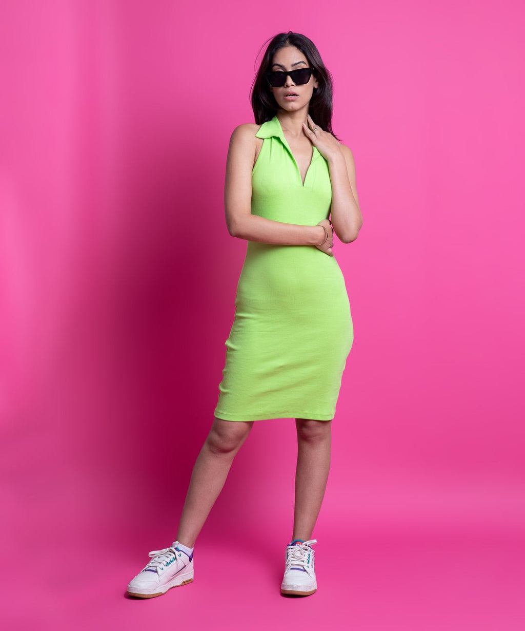 Ribbed Collar HalterNeck Dress - Neon Green - Stradda