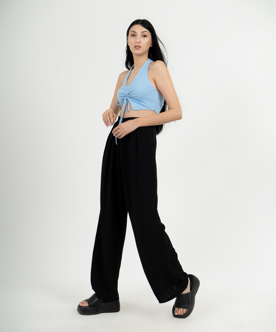 Ribbed Draped Drawstring Cropped Top - Light Blue - Stradda