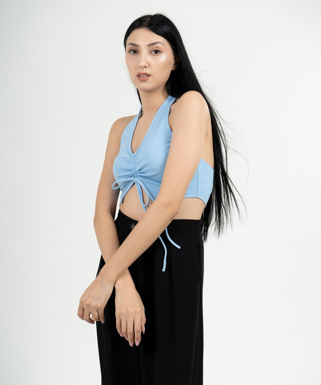 Ribbed Draped Drawstring Cropped Top - Light Blue - Stradda