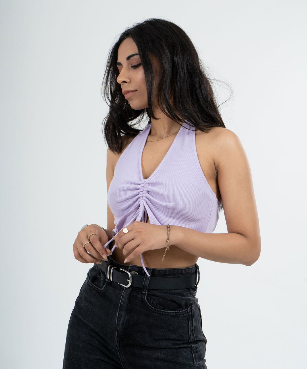 Ribbed Draped Drawstring Cropped Top - Lilac - Stradda