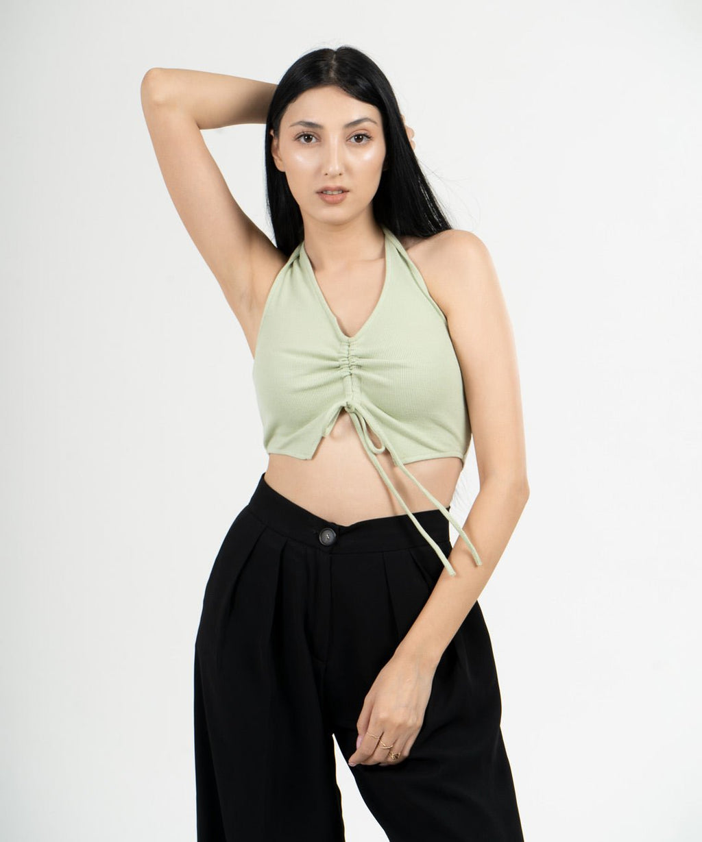 Ribbed Draped Drawstring Cropped Top - Pastel Green - Stradda