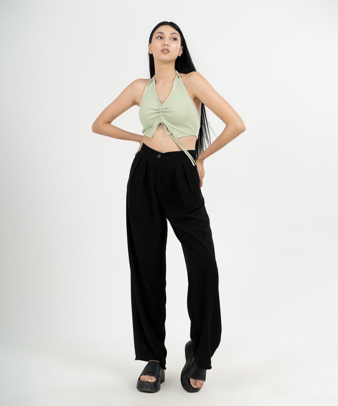 Ribbed Draped Drawstring Cropped Top - Pastel Green - Stradda