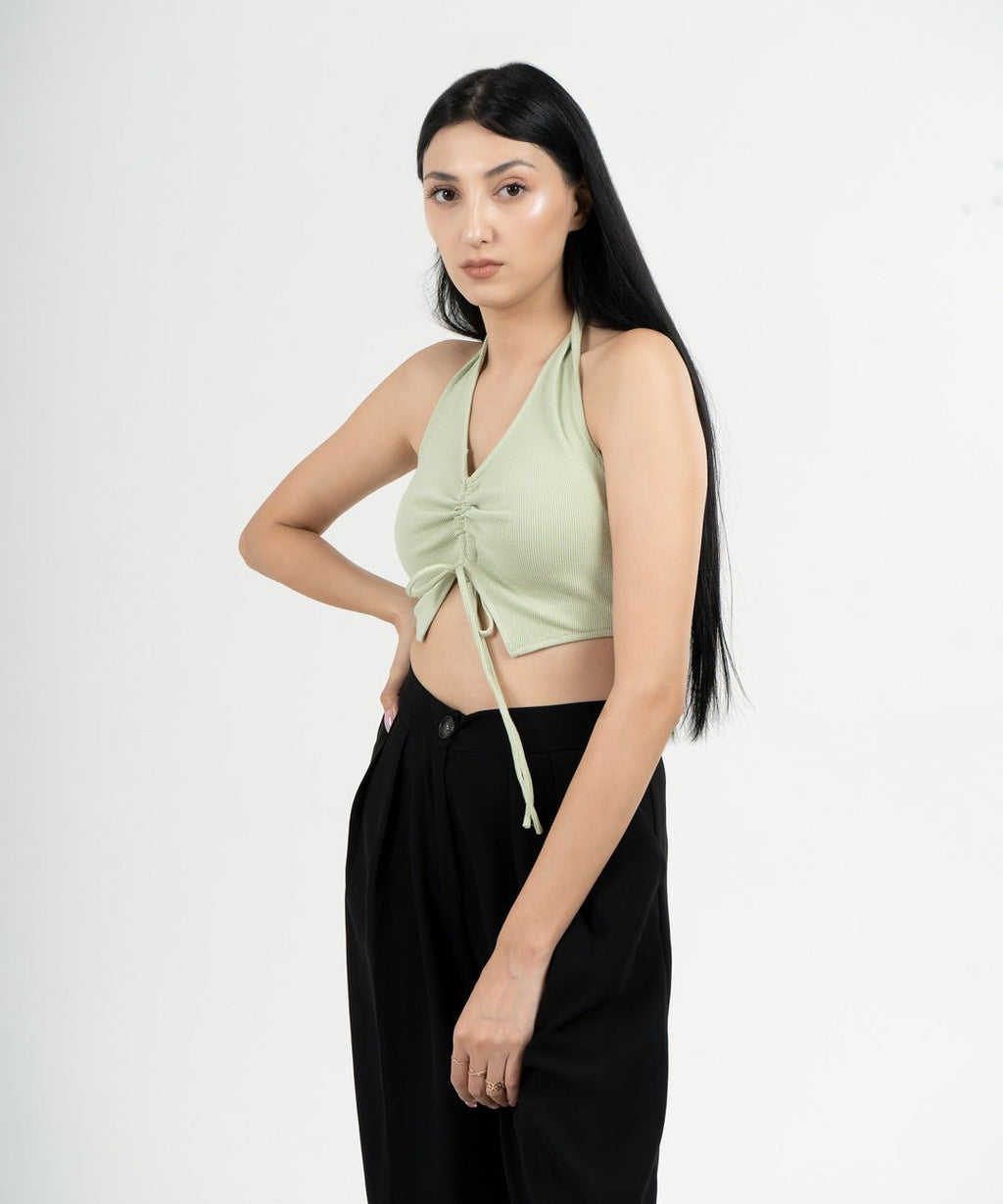 Ribbed Draped Drawstring Cropped Top - Pastel Green - Stradda