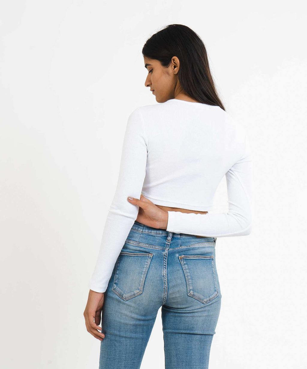 Ribbed Full Sleeves Top - White - Stradda