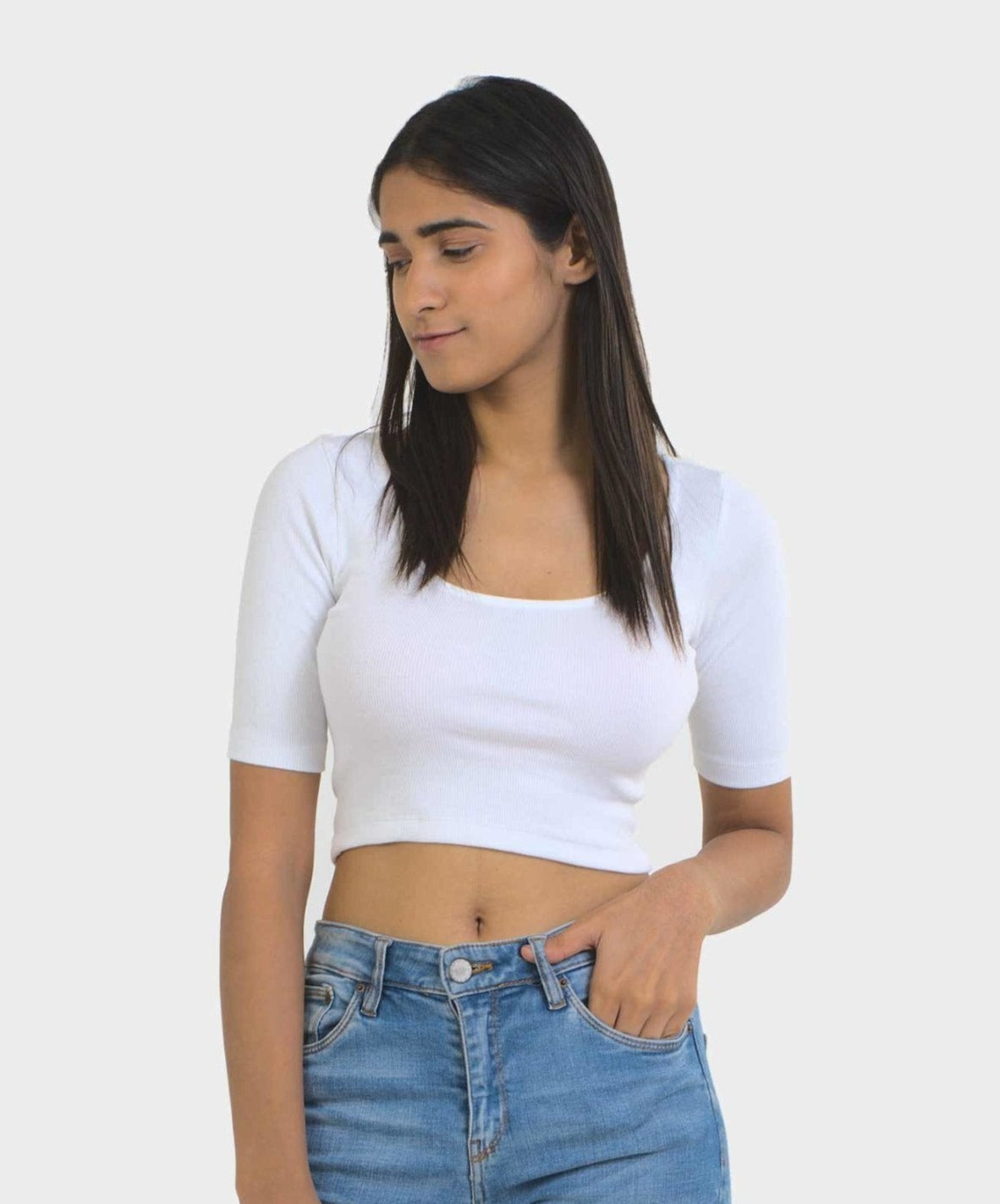 Ribbed Half Sleeves Top - White - Stradda