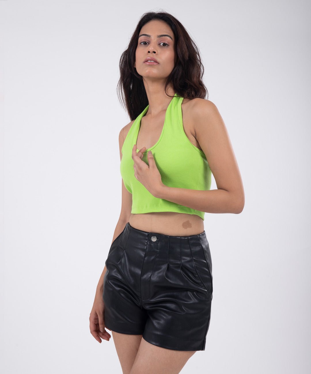 Ribbed HalterNeck Crop Top - Neon green