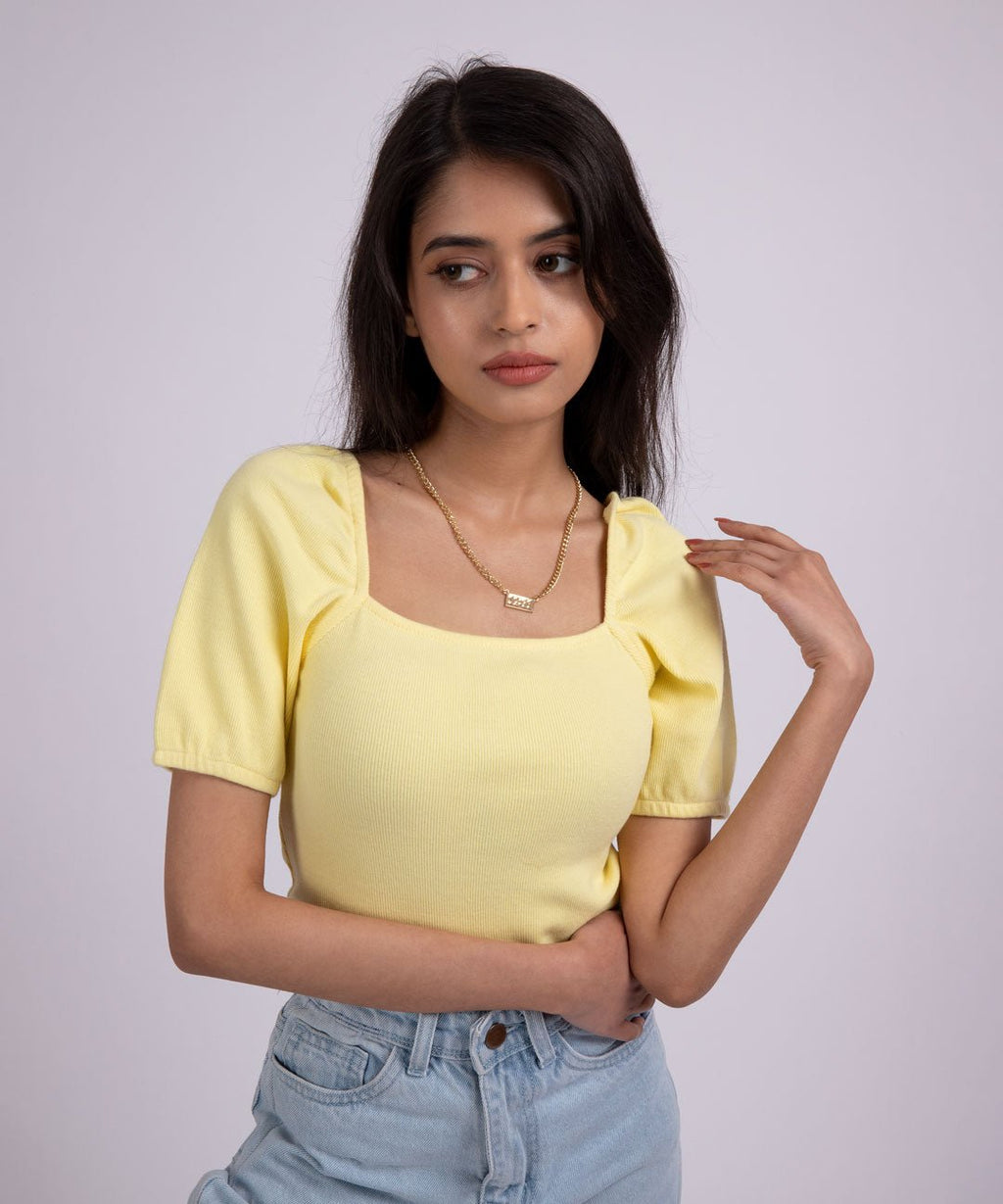 Ribbed Puff Sleeves SquareNeck Top - Lemon