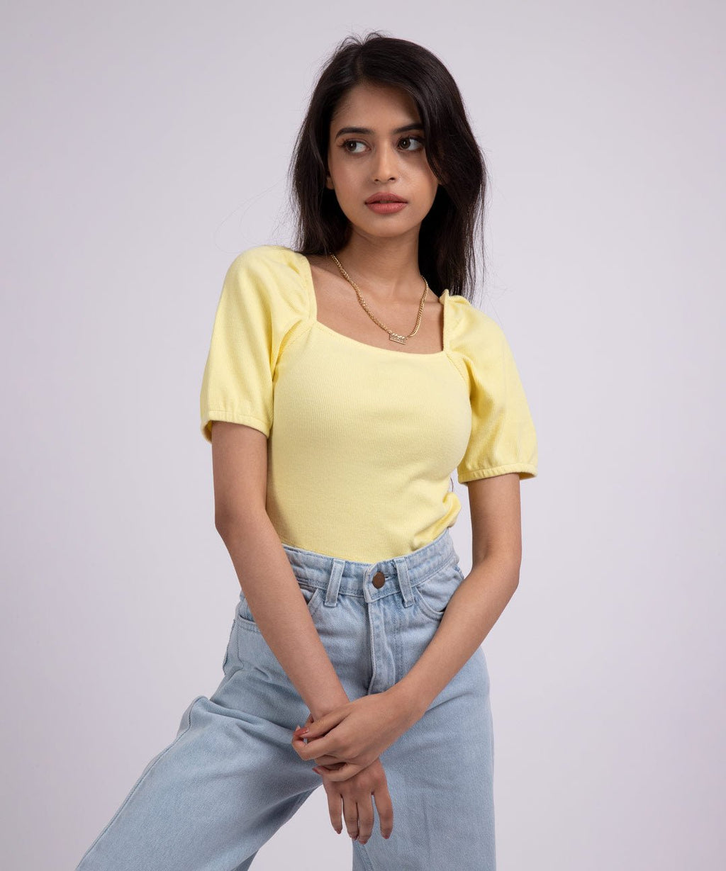 Ribbed Puff Sleeves SquareNeck Top - Lemon