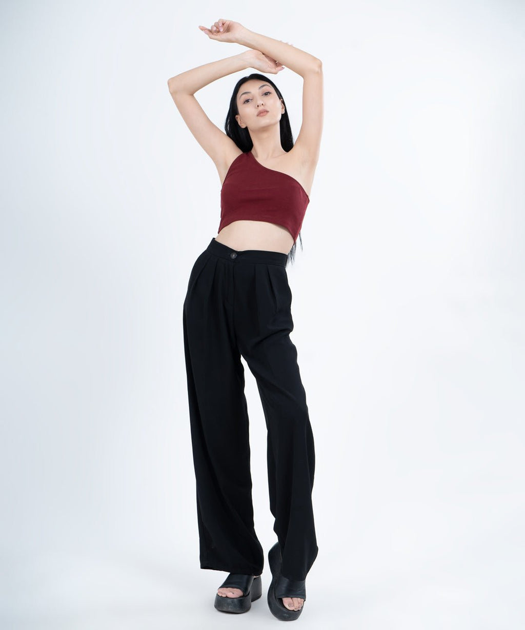 Ribbed Single Shoulder Diagonal Top - Maroon - Stradda