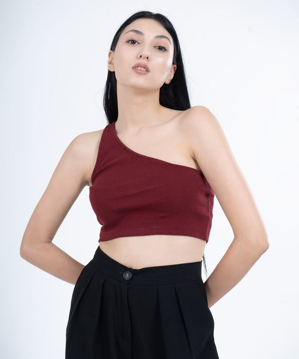 Ribbed Single Shoulder Diagonal Top - Maroon - Stradda