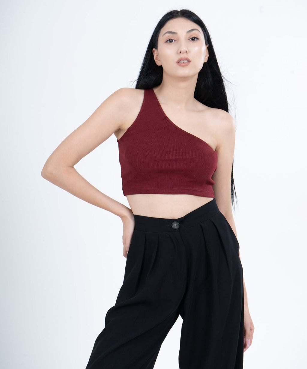 Ribbed Single Shoulder Diagonal Top - Maroon - Stradda