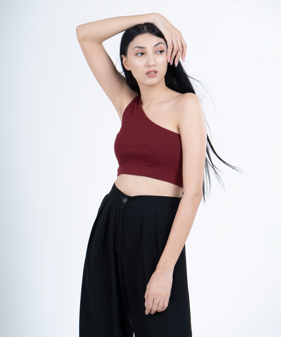 Ribbed Single Shoulder Diagonal Top - Maroon - Stradda