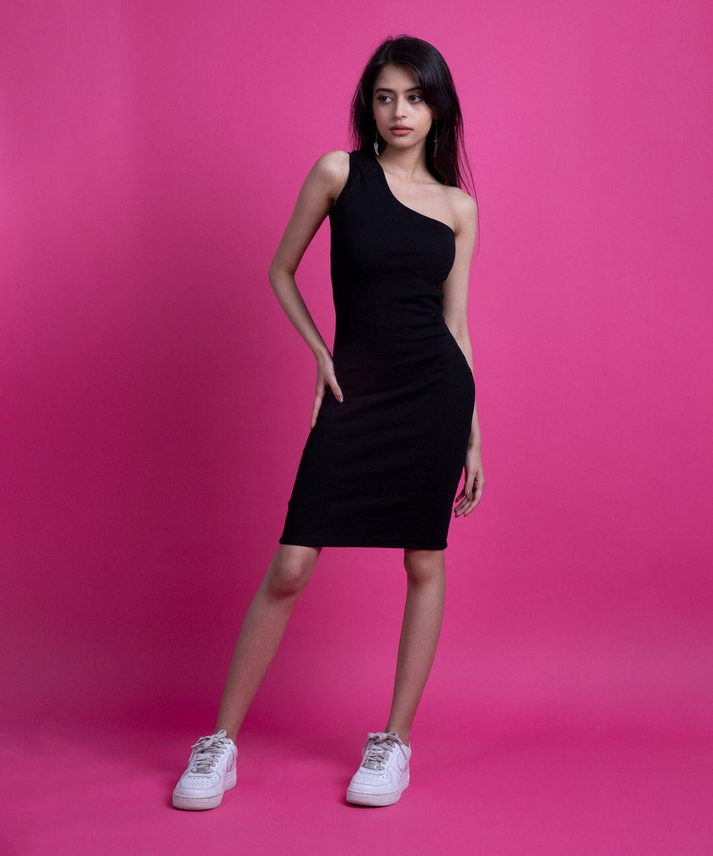 Ribbed Single Shoulder Slim Fit Dress - Black - Stradda