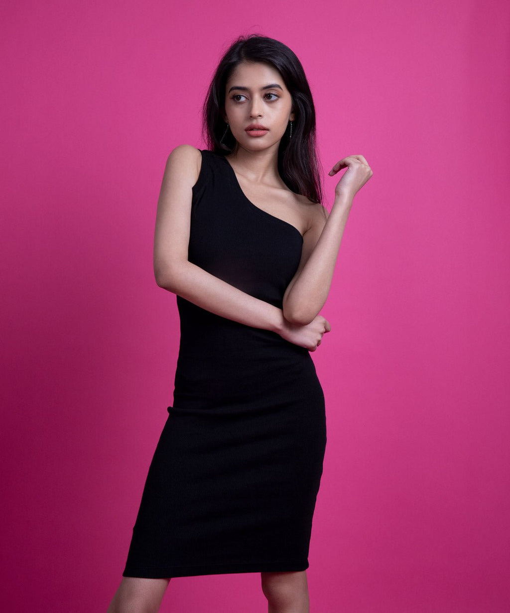 Ribbed Single Shoulder Slim Fit Dress - Black - Stradda