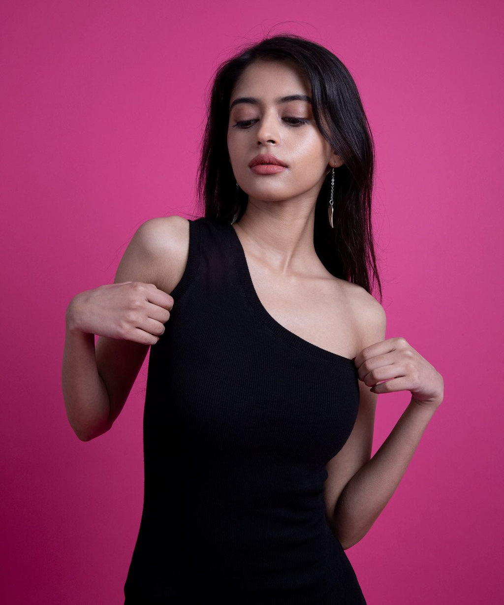 Ribbed Single Shoulder Slim Fit Dress - Black - Stradda