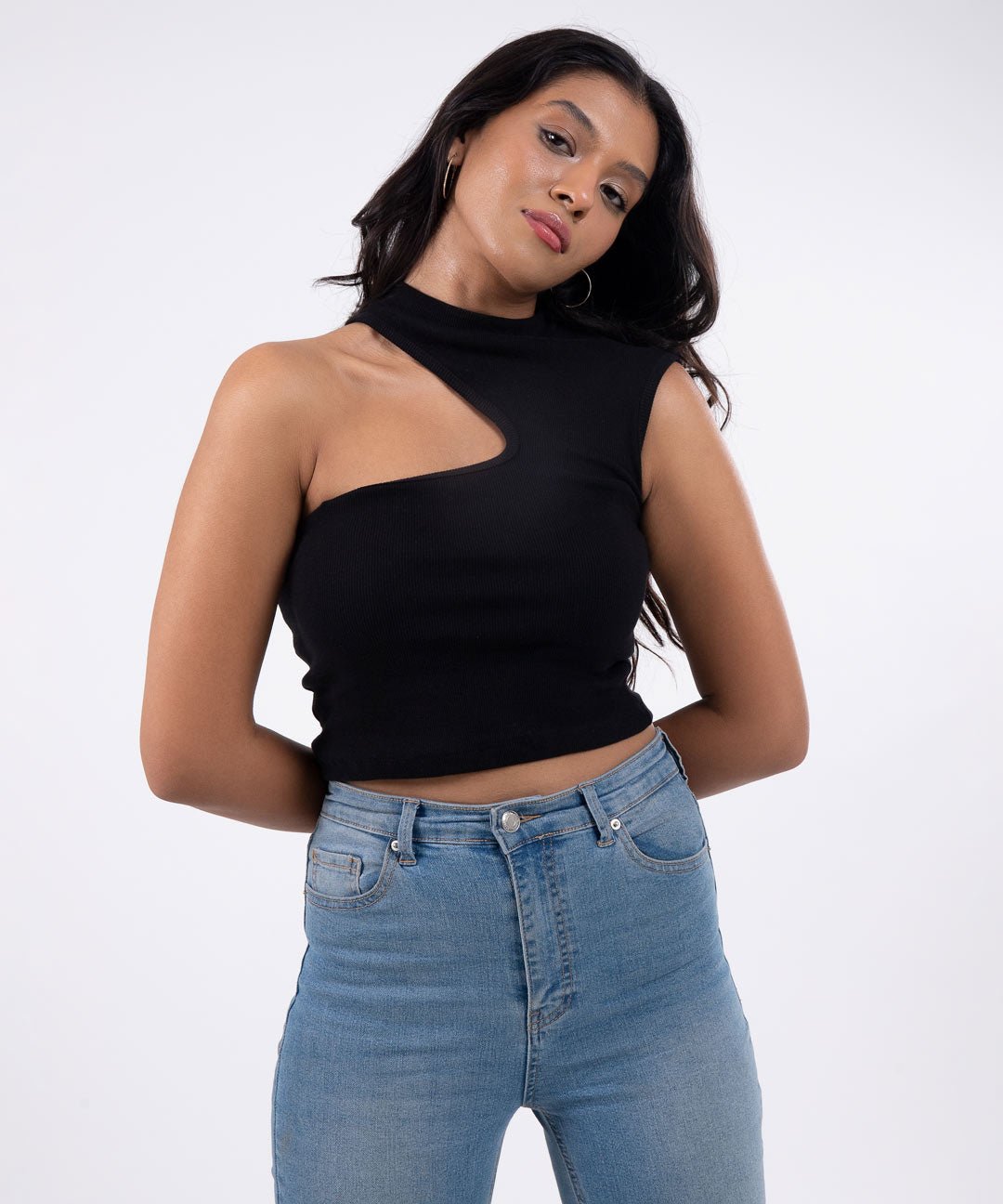 Ribbed Single Shoulder Top - Black - Stradda