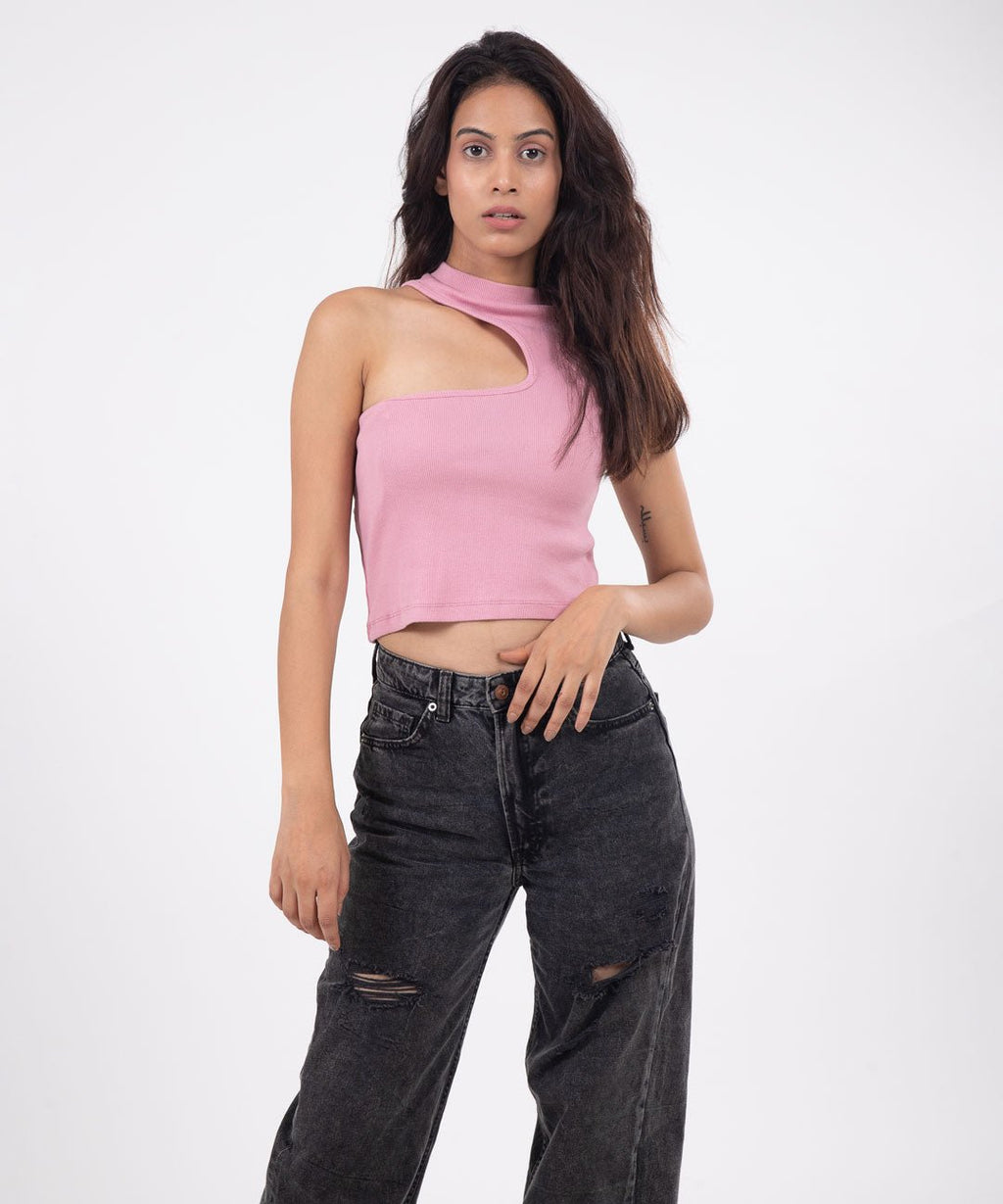 Ribbed Single Shoulder Top - Rose Pink - Stradda