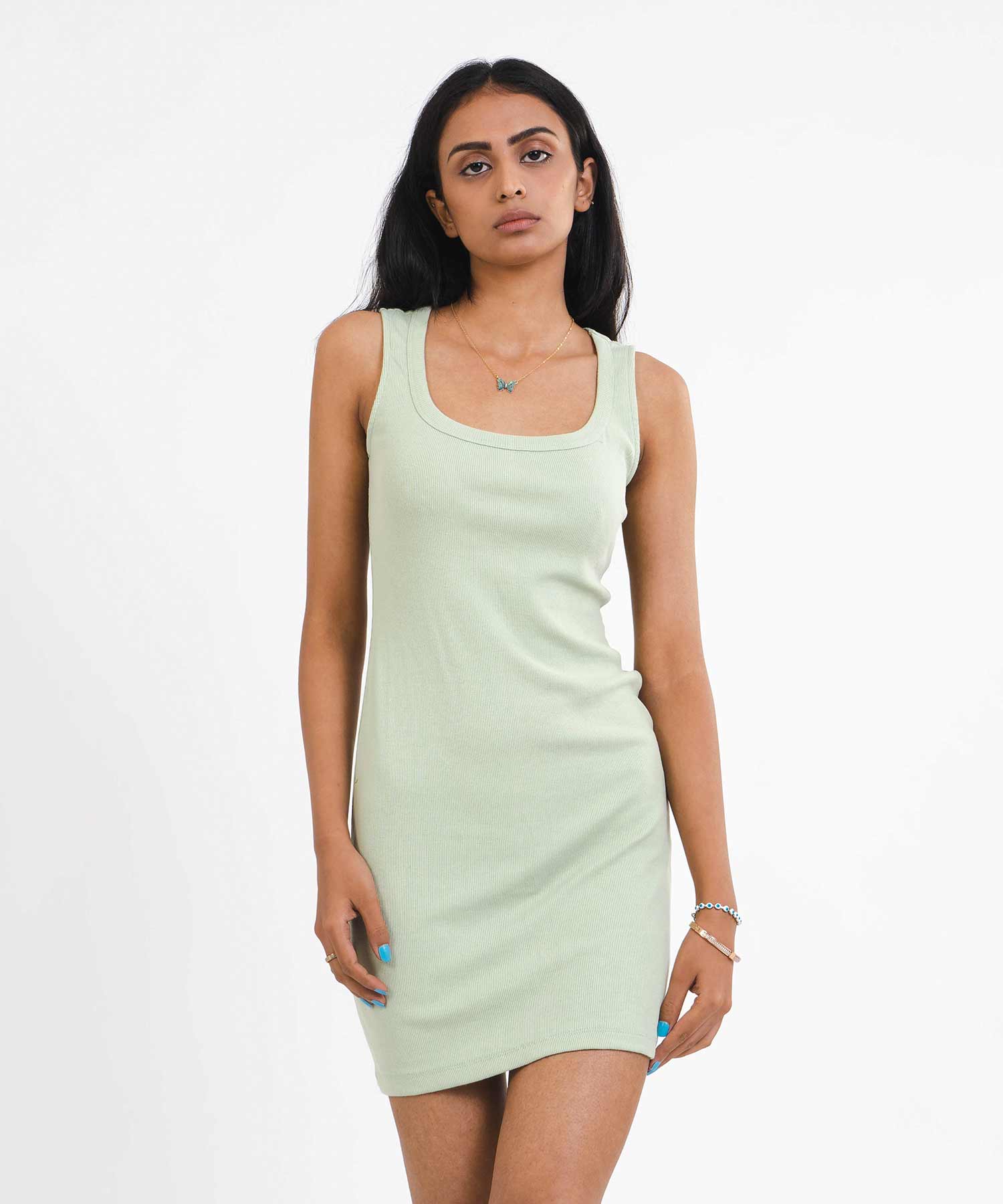Ribbed Square Neck Dress - Pastel Green - Stradda