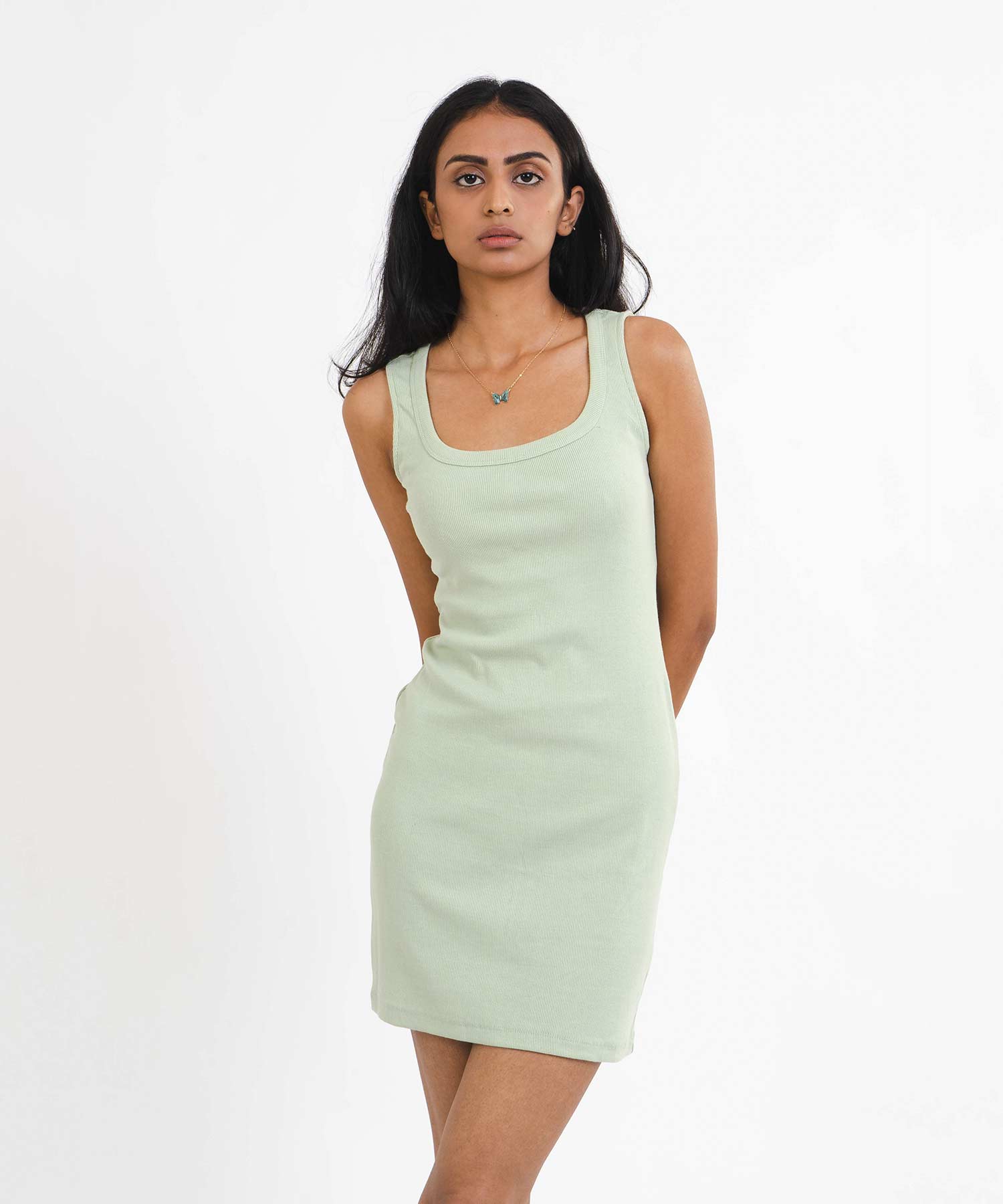 Ribbed Square Neck Dress - Pastel Green - Stradda