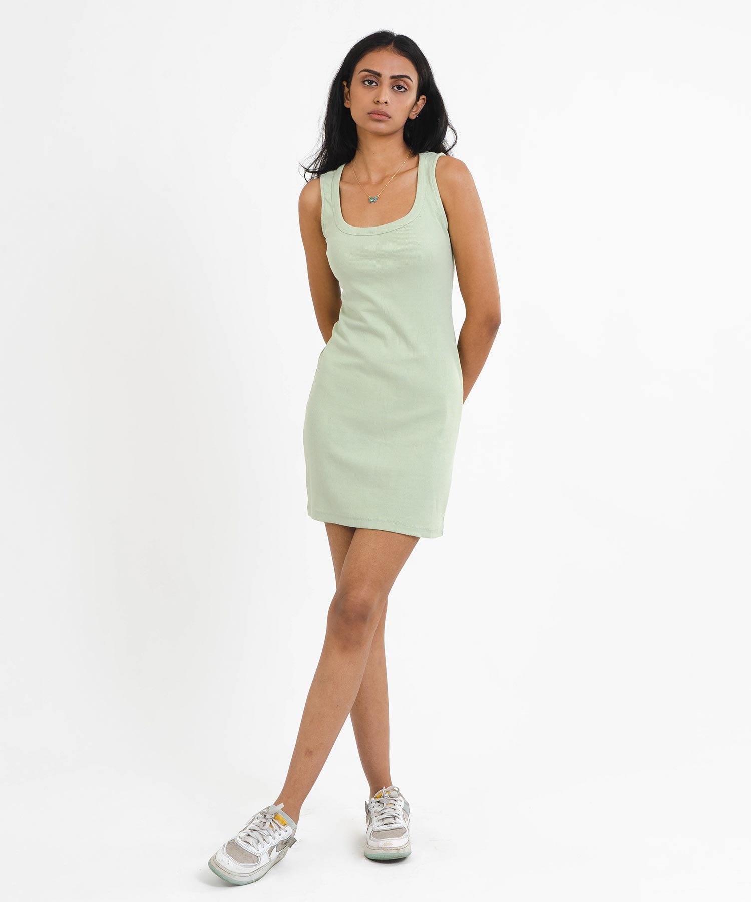 Ribbed Square Neck Dress - Pastel Green - Stradda