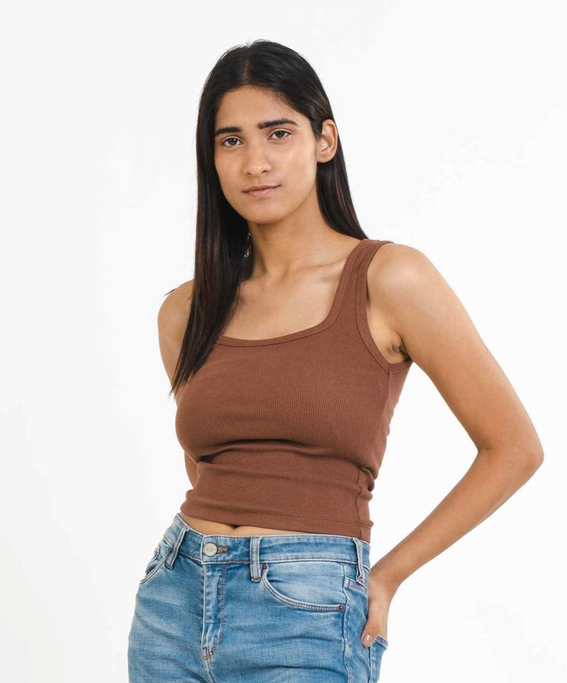 Ribbed Square Neck Top - Brown