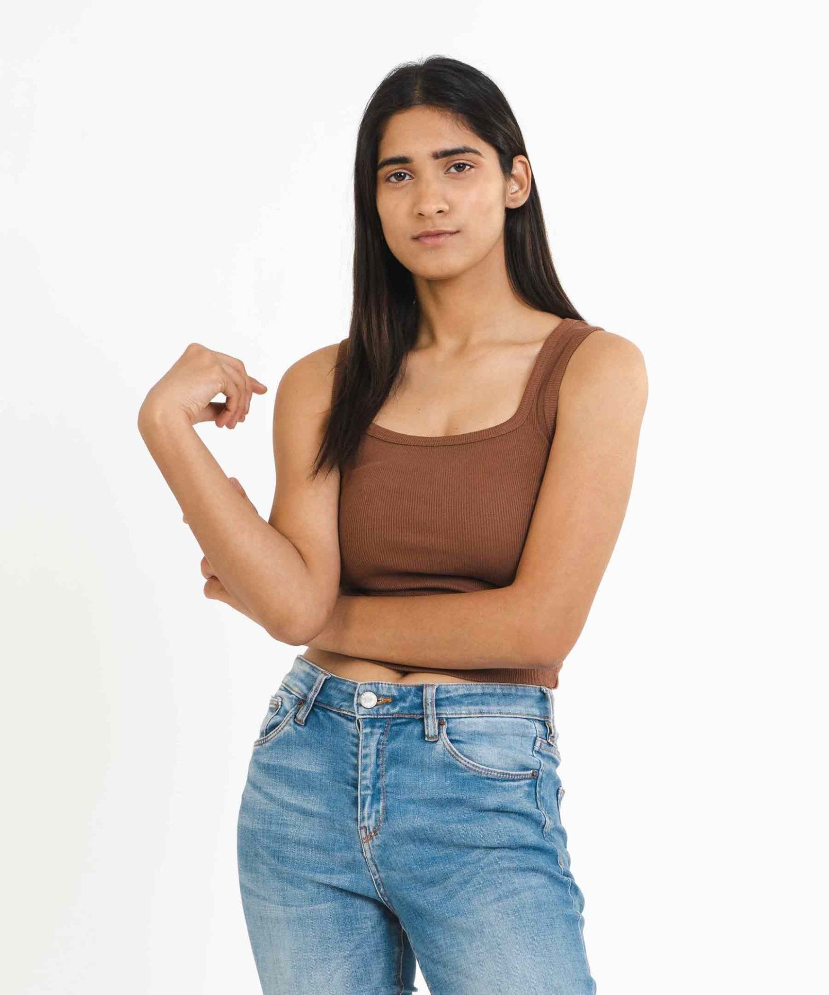 Ribbed Square Neck Top - Brown