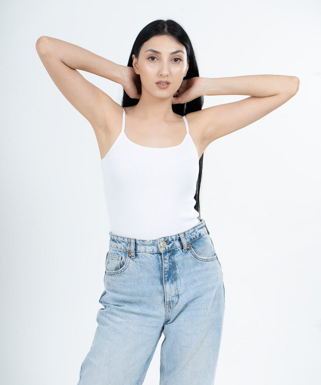 Ribbed Strapped Vest Top - White - Stradda