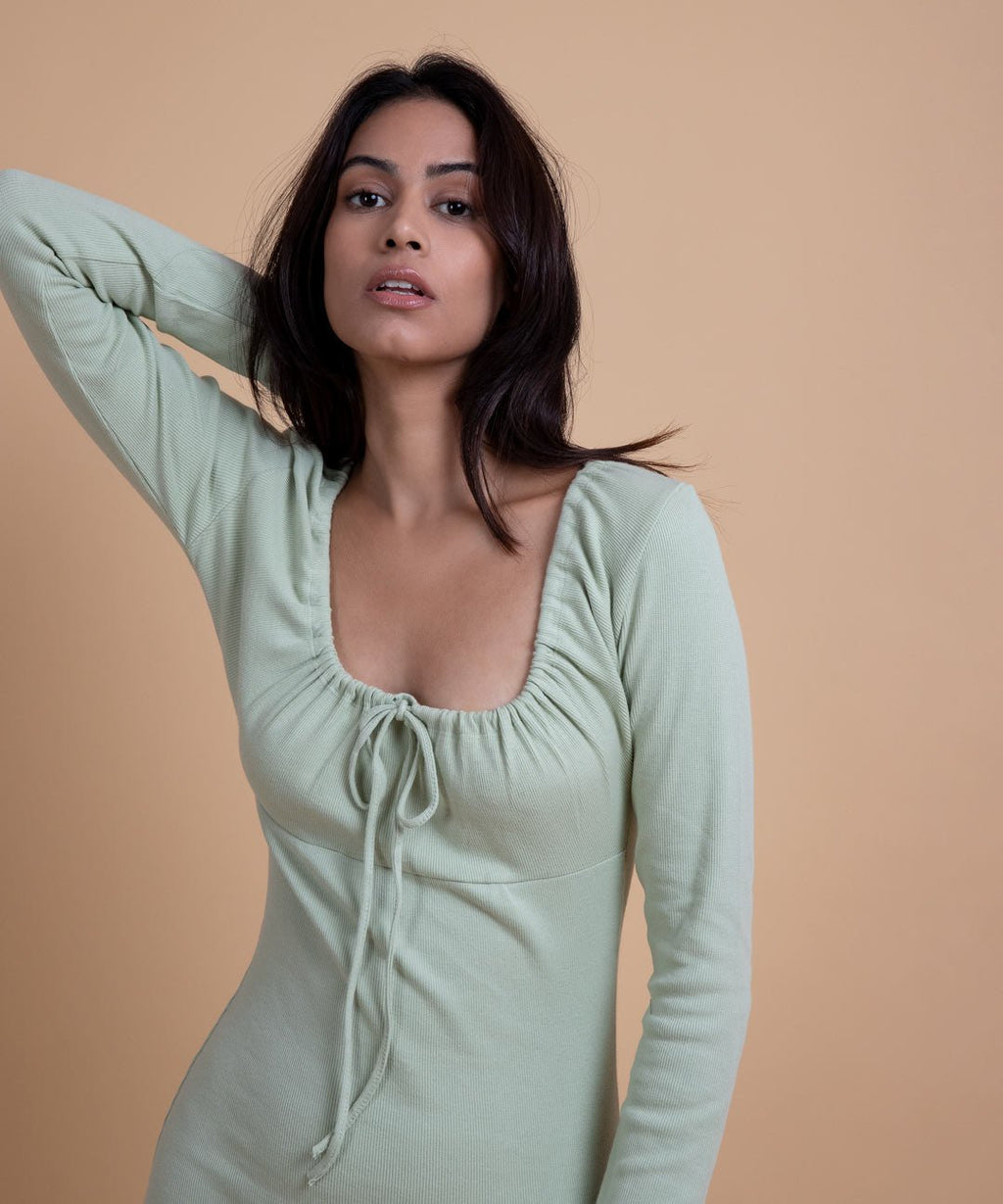 Ribbed Sweetheart Neckline Dress - Pastel Green - Stradda