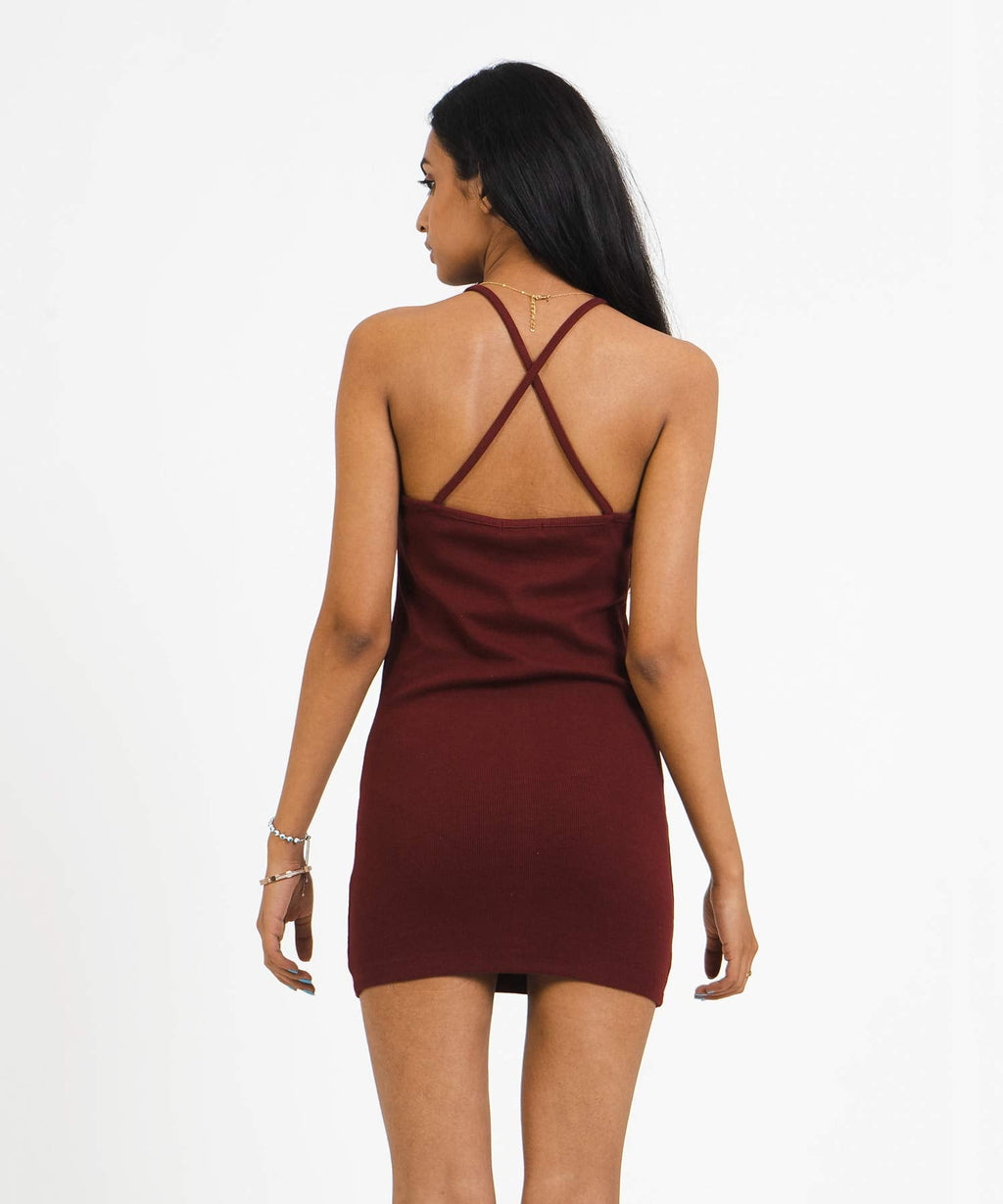 Ribbed Thin Strap Dress - Maroon - Stradda
