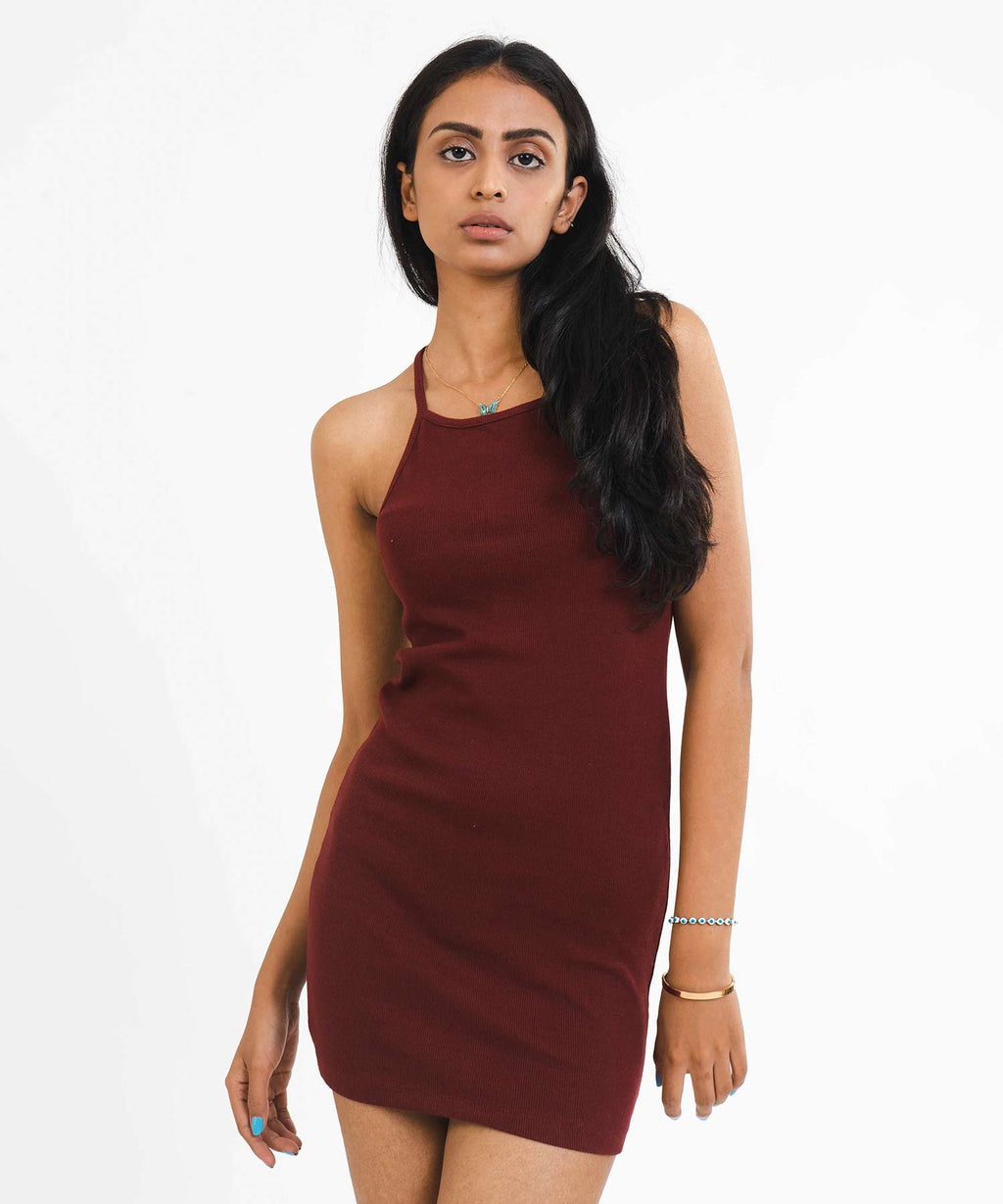 Ribbed Thin Strap Dress - Maroon - Stradda