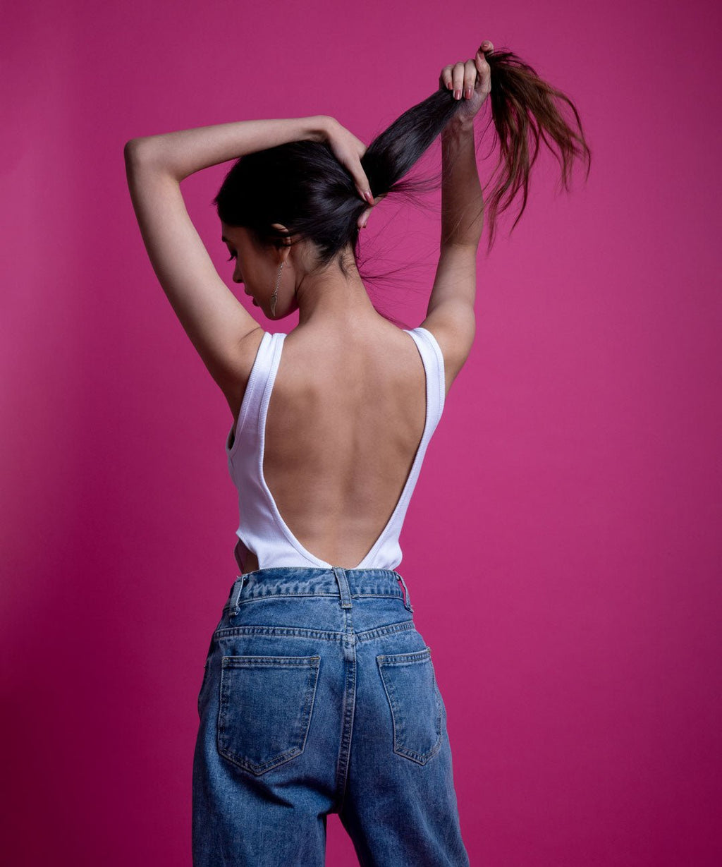 Ribbed Wide Shoulder Thong Body Suit - White