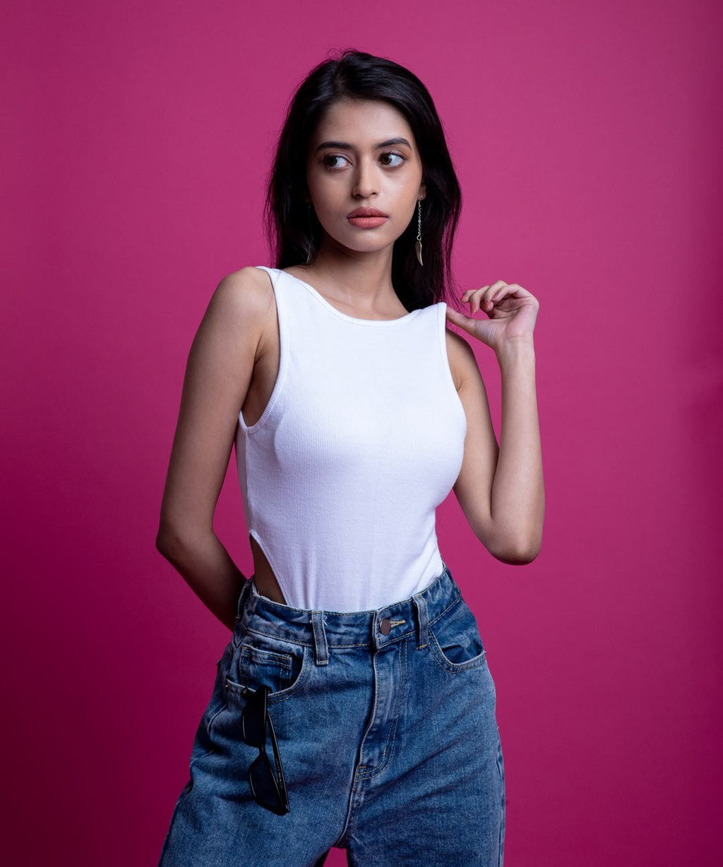 Ribbed Wide Shoulder Thong Body Suit - White